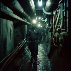 repairman plumber electrician working in the underground  - obrazy, fototapety, plakaty