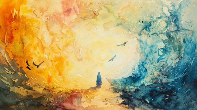 This abstract watercolor painting blends warm and cool tones suggesting the sun's energy and oceanic depth