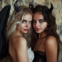 devil cosplay sisters looking at the camera