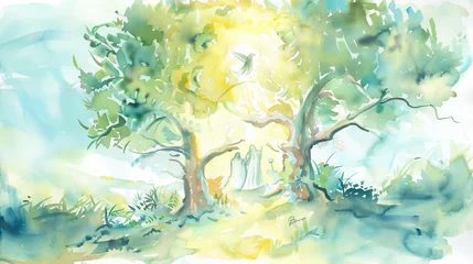 Gordijnen Gentle and serene watercolor nature scene with a tree and subtle figures beneath it © Daniel