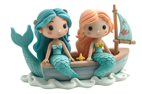 A 3D animated cartoon render of mermaids exploring the ocean on a magical sailboat.