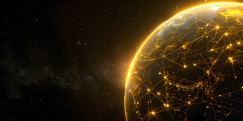 The golden planet earth World map Space view Low poly style Geometric background Wireframe light connection sphere structure Modern 3d graphic concept Isolated illustration.