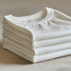 Three or more neatly folded heavyweight white T - shirts, made of pure cotton.