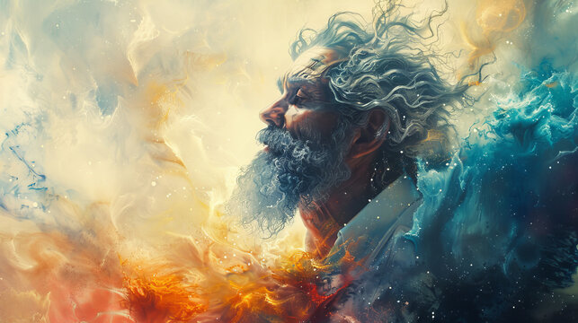 This digital art piece showcases an aged man's profile with his flowing beard merging into a sea of abstract colors and shapes, suggesting deep contemplation