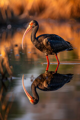 Golden-hour Grace: An Eloquent Portrait of the Scarlet-Faced Ibis Bird in a Serene Marshland - obrazy, fototapety, plakaty