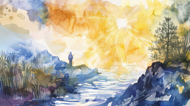 A serene watercolor painting depicting a vibrant sunrise over a tranquil river amidst forests