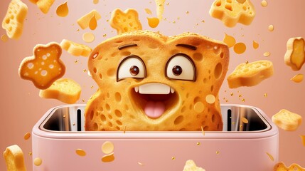 Animated slice of toast popping out of a toaster, perfect for breakfast and kitchen appliance themes.