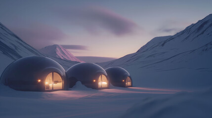 Fototapeta na wymiar Snowy dome habitats in an icy landscape at dusk, ideal for concepts of exploration and survival.