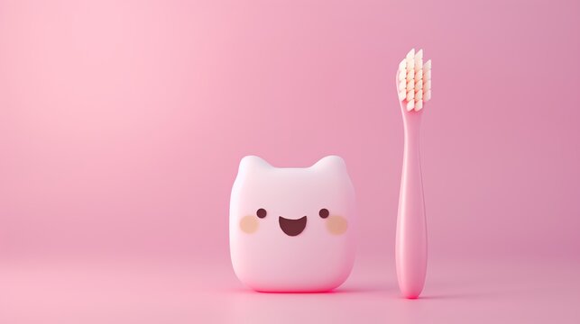 Cute tooth-shaped floss holder and pink toothbrush, suited for dental hygiene and health content.