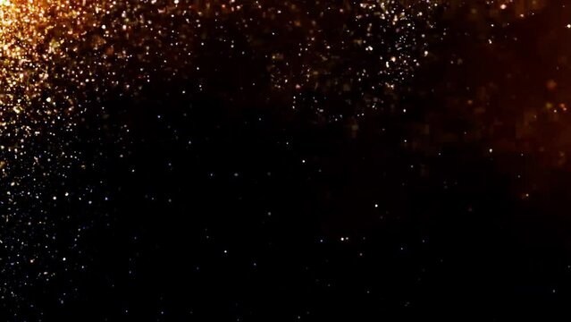 Gold Dust Waves. Gold Particles Moving Background.Particle from below. Particle gold dust flickering on black background. abstract Footage background for text.