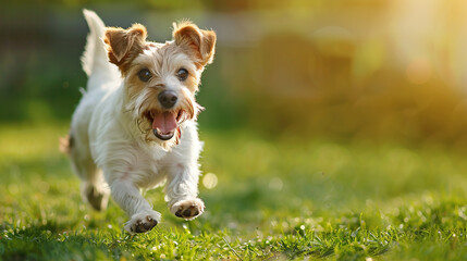 Happy parson russel terrier running on green grass meadow, dog is looking at camera and smiling, dynamic shot, sunny day, photo taken from behind the subject - obrazy, fototapety, plakaty