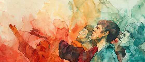 A harmonious blend of figures and colors in a watercolor piece showing people reaching out with hope
