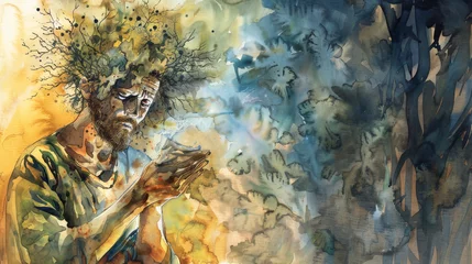 Abwaschbare Fototapete A contemplative bearded man with a tree for hair reflects nature's connection to humanity in a dreamy watercolor landscape © Daniel