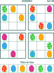 Easter 4 easy picture sudoku games and design elements. Four 3x3 (one block) puzzles with colorful painted eggs iconic images. Suitable both for kids and adults.. Set 44.
