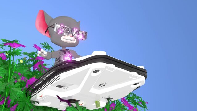 mouse flying on a skateboard, over flowers, background for music, fantasy, 3D rendering, cyclic animation
