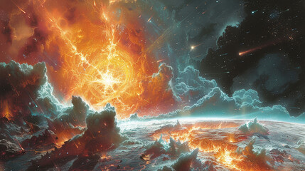 Fototapeta na wymiar Crimson Galaxy: Cosmic Conflict Illustrated