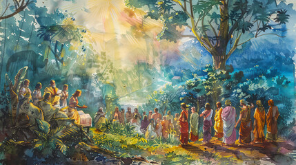 This scene portrays an important gathering of figures in a sunlit clearing amidst a dense tropical forest