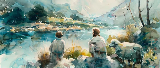 Fotobehang Youths and sheep rest by a river in a lush watercolor landscape © Daniel