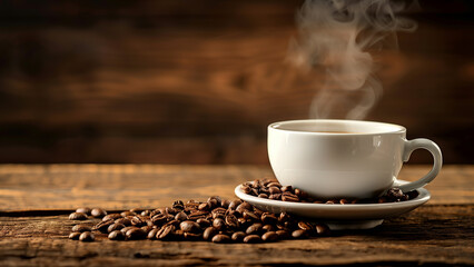 coffee beans and cup of coffee on wooden table