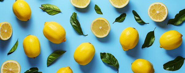 Lemons from top view on a blue background