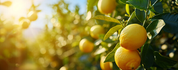 Yellow lemons on the lemon tree branches in a beautiful sunny day
