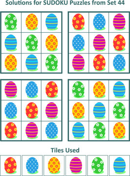 Solutions, or answers, for 4 easy picture sudoku puzzles with Easter painted eggs iconic images. Plus design elements. Set 44.

