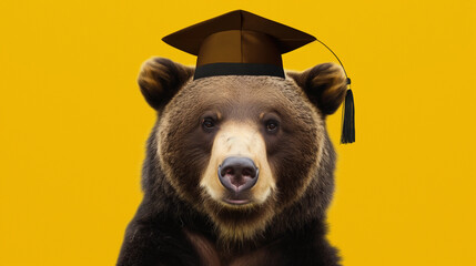 Urso pardo vestindo beca de formatura e chapéu isolado no fundo amarelo - obrazy, fototapety, plakaty