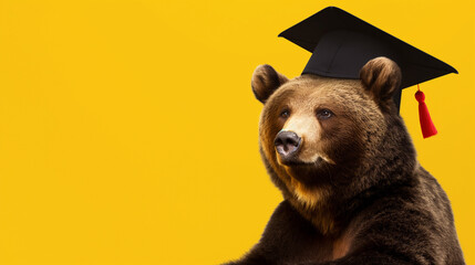 Urso pardo vestindo beca de formatura e chapéu isolado no fundo amarelo - obrazy, fototapety, plakaty