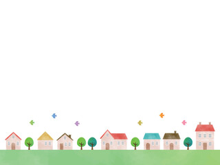 Watercolor illustration of cute houses. Townscape background.	