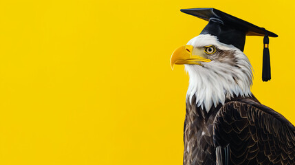 Águia Americana vestindo beca de formatura e chapéu isolado no fundo amarelo - obrazy, fototapety, plakaty