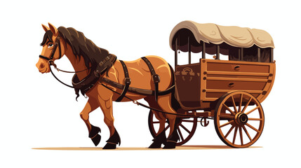 Gypsy vardo trotting wagon with brown horse and gro - obrazy, fototapety, plakaty
