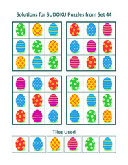 Solutions, or answers, for 4 easy picture sudoku puzzles with Easter painted eggs iconic images. Plus design elements. Set 44.
