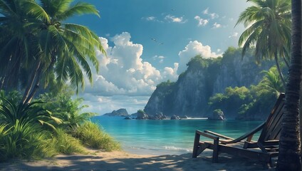 Tropical beach paradise with palm trees clear blue water sandy beach Generative AI - obrazy, fototapety, plakaty