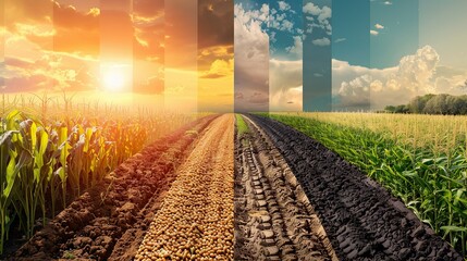 Composite image showcasing the journey from seed to harvest using modern agricultural practices.
