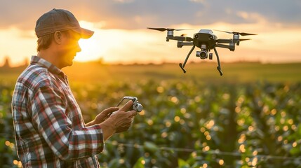 Close-up of a farmer using advanced drone technology for crop monitoring.