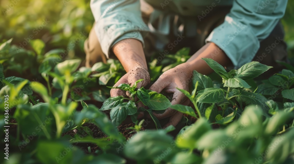 Wall mural Anonymous chef harvesting fresh organic vegetables on sustainable farm, healthy local produce, agriculture photography