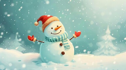 Cheerful snowman in winter wonderland, jolly holiday character digital illustration
