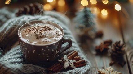 Close-up of hot chocolate in a light cup on a wooden table. Cozy atmosphere. Drinks concept.