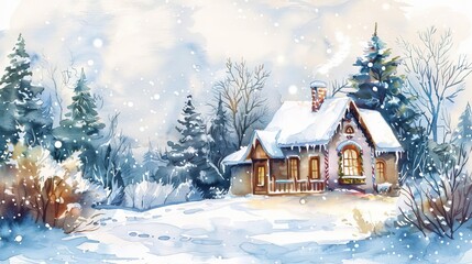 Charming watercolor winter cottage, snowy christmas scene illustration