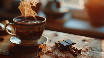 Close-up of hot chocolate in a light cup on a wooden table. Cozy atmosphere. Drinks concept.