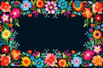 Colorful floral border featuring traditional Mexican designs on a dark backdrop. Cinco de Mayo theme. Card, frame, border.