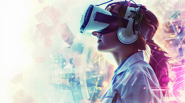 A woman wearing a white lab coat is playing a video game with a virtual reality headset. The game is set in a futuristic world with bright colors and a lot of movement