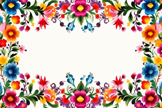 Detailed illustration of a traditional Mexican Cinco de Mayo flower border against a white backdrop. Card, frame, border.