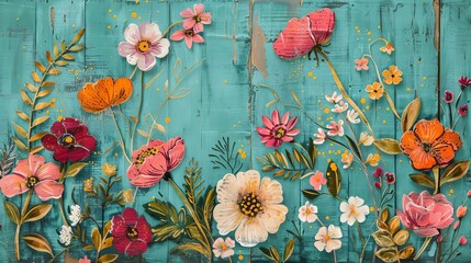 Handcrafted Floral Array on Turquoise Wooden Canvas, Artistic Rustic Home Decor