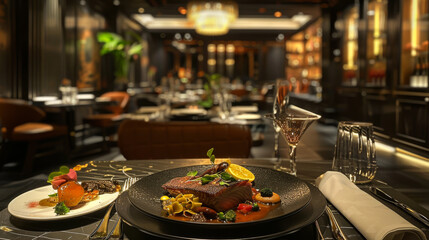 Haute cuisine. Beautiful presentation of dishes in the restaurant. Cozy dinner in an expensive place. Food concept.