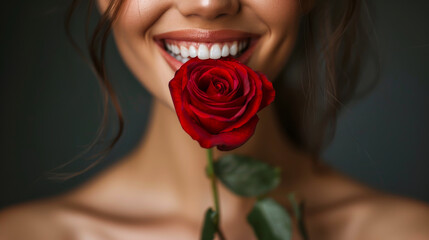 Close-up of a beautiful woman smiling with white teeth and holding a red rose near her mouth. Beauty concept. fashion.