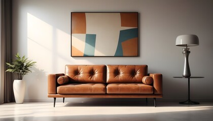 Minimalist, retro, contemporary composition of living room with picture frame and leather sofa