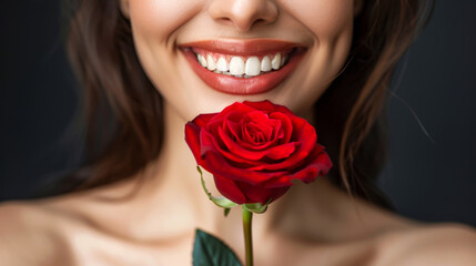 Close-up of a beautiful woman smiling with white teeth and holding a red rose near her mouth. Beauty concept. fashion.