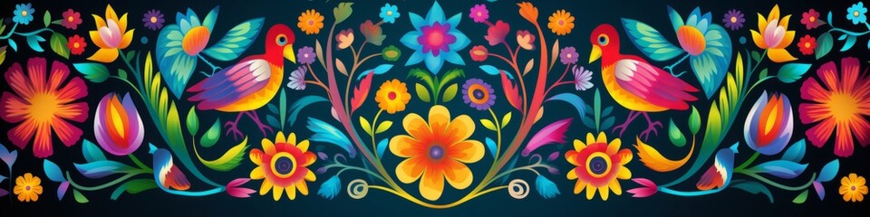 A colorful depiction of flowers and birds on a dark black canvas, showcasing Mexican folk art style on Cinco de Mayo. Banner. - obrazy, fototapety, plakaty