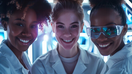 Portrait of young multiracial women working together in a modern laboratory. Science, technology concept.